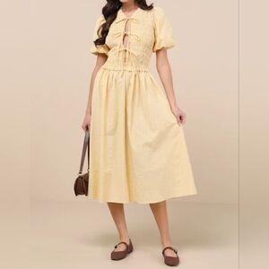 extro&vert Sara Yellow Striped Smocked Short Puff Sleeve Cut Out Midi Dress
